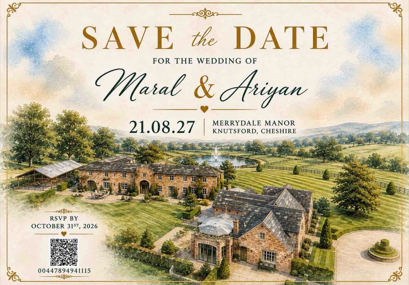 Save the Date for the wedding of Maral and Ariyan, 21.08.27, Merrydale Manor, Knutsford, Cheshire. RSVP by October 31st 2026.